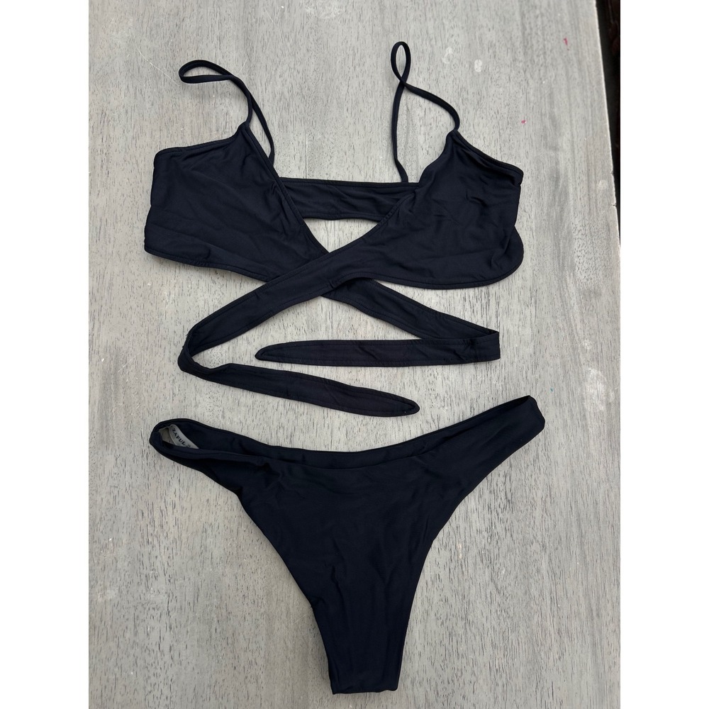 Zaful Black Ribbed Wrap Bikini Set Y2K Strappy Two Piece Swimsuit Size M US 6